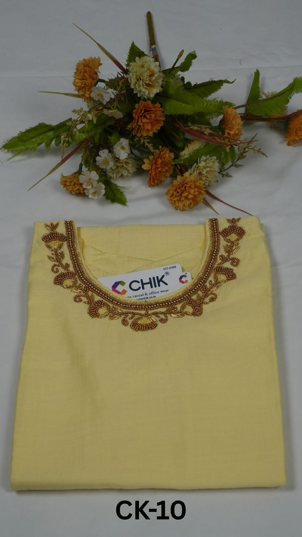 CK-10 Cream Colour & Roman Silk Fabric Straight Cut Kurta Fit With Gold Beads Hand Embroidery Work.Top Length-44 Inch,Sleeve Length-16 Inch.