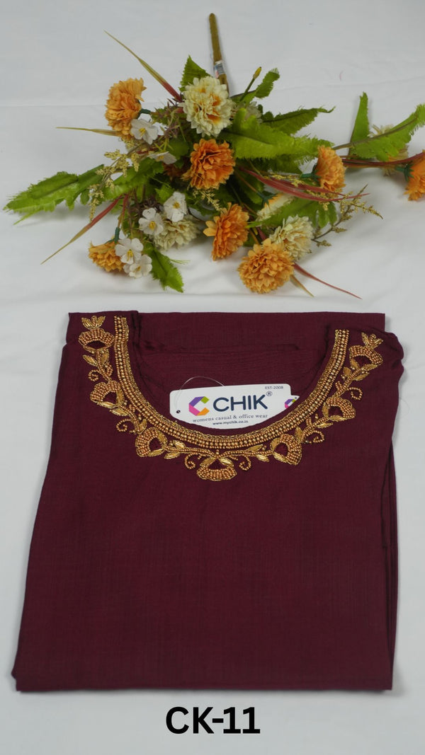 CK-11 Maroon Colour & Roman Silk Fabric Straight Cut Kurta Fit With Gold Beads Hand Embroidery Work.Top Length-44 Inch,Sleeve Length-16 Inch.