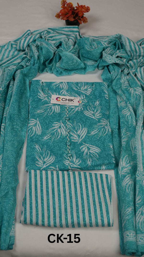 CK-15 Light Teal Green Colour Cotton  Fabric Straight Cut Kurta Set With Dupatta & Neck Piping With Fabric Buttons Work Top Length-44 Inch, Sleeve Length-16 Inch