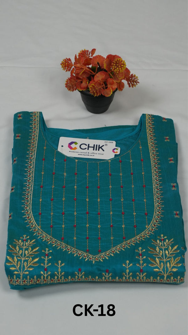 CK-18  Rama Blue Colour Raw Silk Fabric Full Flare Anarkali Fit & Yoke Classic Embroidery Work With Gold Zari Top Length- 52 Inch, Sleeve Length -16 Inch