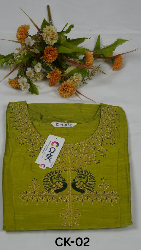 CK-02 Parrot Green & Raw Silk Anarkali With Yoke Peacock Gold Zari Embroidery Work Top Length-46 inch, Sleeve Length-16 inch
