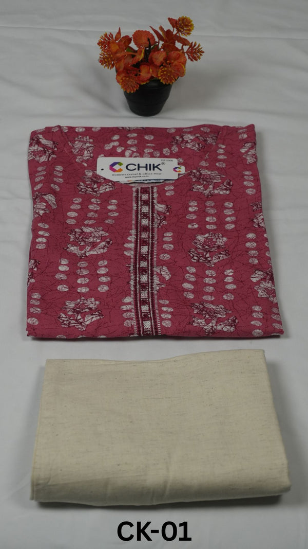 CK-01 Pink Colour Rayon Fabric Straight Cut Kurta With Off White Colour Cigar Pant & Embroidery Work Top Length-44 inch Sleeve Length-16 Inch