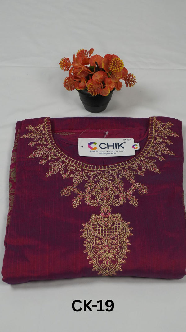 CK-19 Maganta Colour  Raw Silk Fabric Full Flare Anarkali Fit & Floral Embroidery Work With Gold Zari Top Length-52 Inch, Sleeve Length-16 Inch