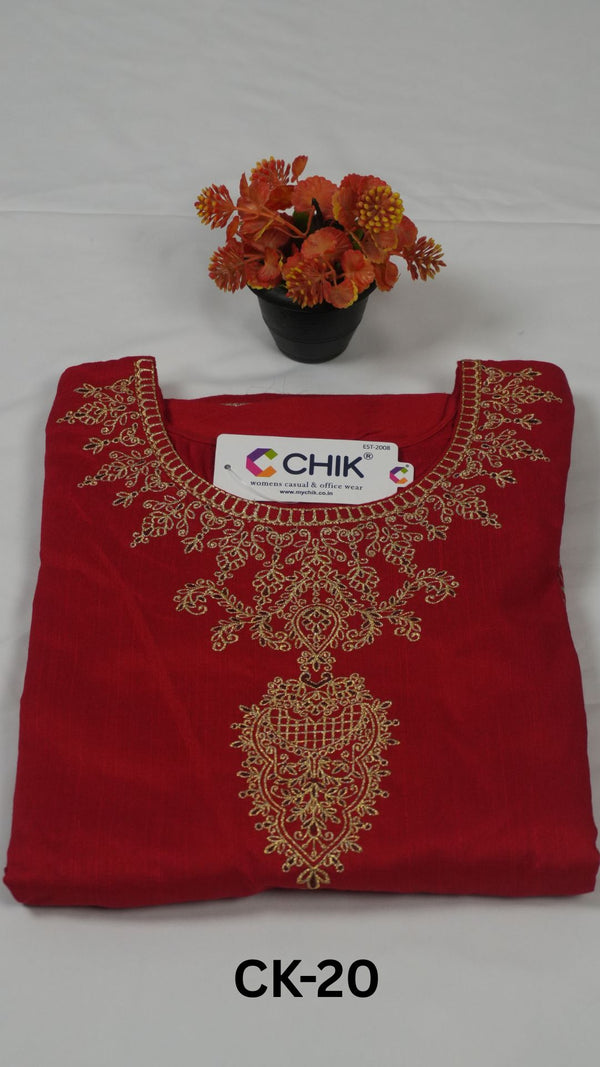 CK-20 Red Colour  Raw Silk Fabric Full Flare Anarkali Fit & Floral Embroidery Work With Gold Zari Top Length-52 Inch, Sleeve Length-16 Inch