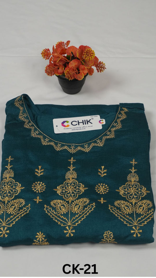 CK-21 Suffer Green Colour Vichitra Georgette Fabric Full Flare Anarkali Fit & Paisley Embroidery Work With Gold Zari Top Length-52 Inch, Sleeve Length-16 Inch With Lining.