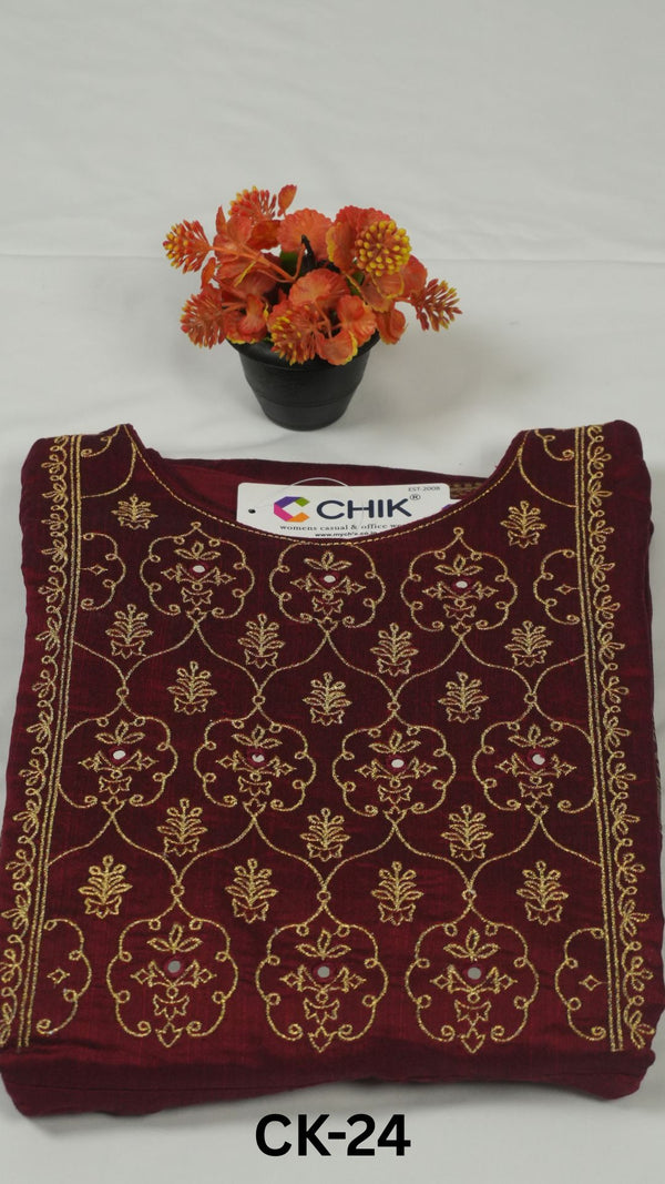 CK-24 Maroon Colour Raw Silk  Fabric Full Flare Anarkali Fit & Traditional Embroidery Work With Gold Zari Top Length-52 Inch, Sleeve-16 Inch
