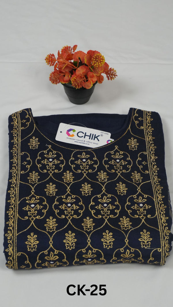 CK-25  Navy Blue Colour  Raw Silk Fabric Full Flare Anarkali Fit & Traditional Embroidery Work With Gold Zari Top Length-52 Inch, Sleeve-16 Inch