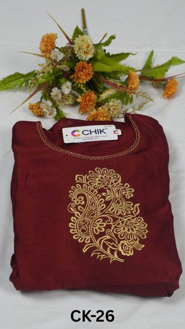 CK-26  Maroon Colour Vichitra Georgette Fabric Full Flare Anarkali Fit & Paisley Embroidery Work With Gold Zari Top Length-52 Inch,Sleeve Length-16 Inch With Lining.