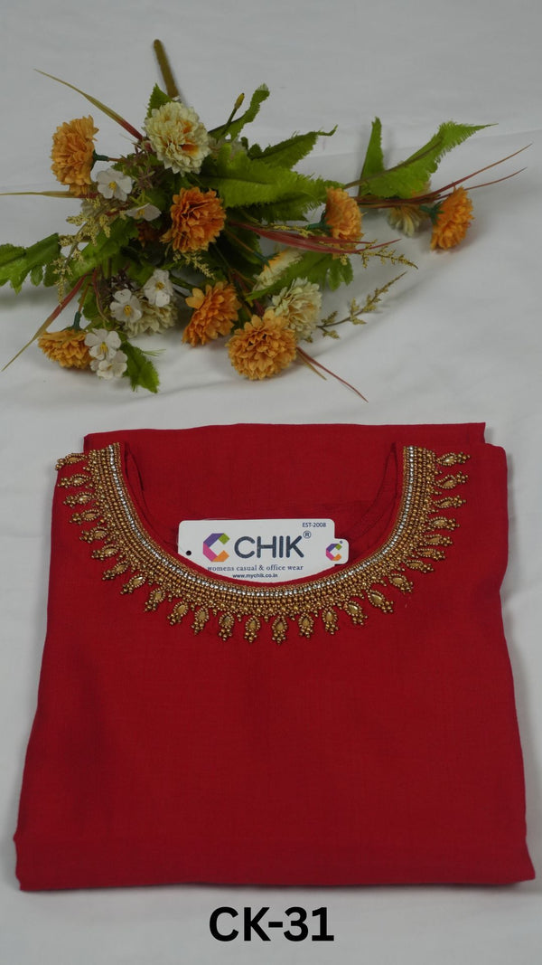 CK-31 Red Colour Roman Silk Fabric Straight Cut Kurta & Hand Embroidery Work With Golden Beads Top Length-44 Inch ,Sleeve Length-16 Inch.