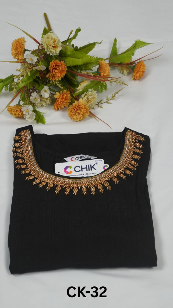 CK-32  Black Colour Roman Silk Fabric Straight Cut Kurta Fit & Hand Embroidery Work With Golden Beads Top Length-44 Inch ,Sleeve Length-16 Inch.
