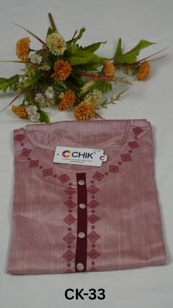 CK-33 Light Pink Colour Raw Silk Printed Fabric Straight Cut Kurta Fit Top Length-44 Inch,Sleeve Length-16 Inch.
