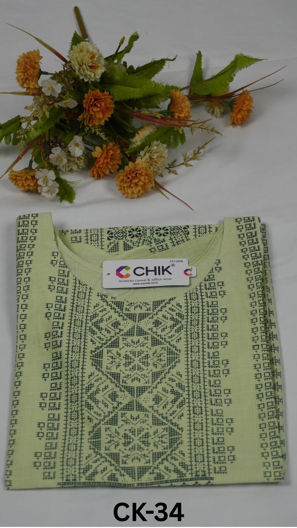 CK-34 Light Green Colour Roman Silk Fabric Straight Cut Kurta Fit & Geometric Print Top Length-44 Inch, Sleeve Length-16 Inch.