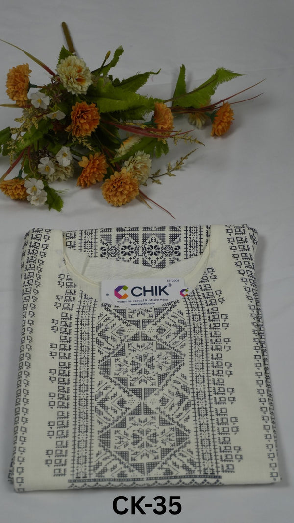 CK-35 White Colour Roman Silk Fabric Straight Cut Kurta Fit & Geometric Print Top Length-44 Inch, Sleeve Length-16 Inch.