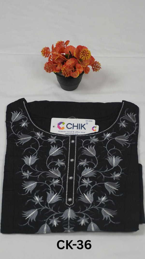 CK-36 Black Colour  Raw Silk Fabric Anarkali Fit & Classic Embroidery Work With Silver Zari -Foil Mirror Top Length-46 Inch, Sleeve Length-16 Inch.