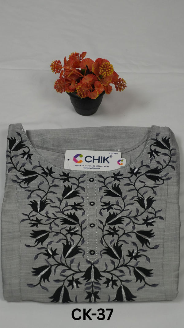 CK-37 Light Gray Colour  Raw Silk Fabric Anarkali Fit & Classic Embroidery Work With Silver Zari -Foil Mirror Top Length-46 Inch, Sleeve Length-16 Inch.