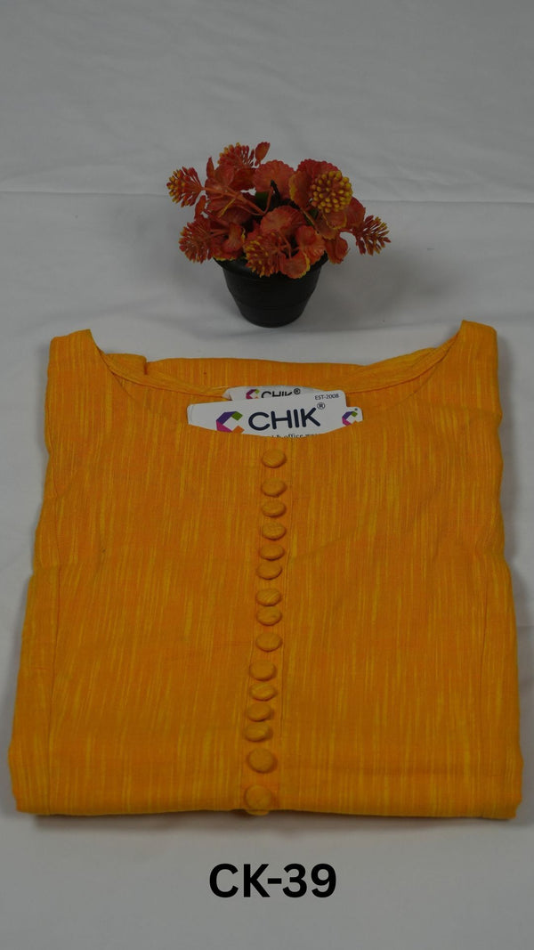 CK-39 Mango Yellow Colour Two Tone Cotton Fabric Anarkali Fit & Fabric Buttons Work Top Length-46 Inch,Sleeve Length-16 Inch.