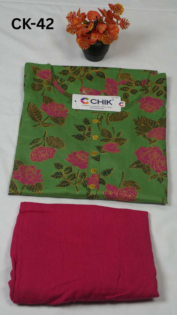 CK-42 Pakistan Green Colour Rayon Fabric Straight Cut Kurta With Dark Pink Colour Pant & Gold Buttons Work Top Length-44 Inch Sleeve Length-16 Inch.