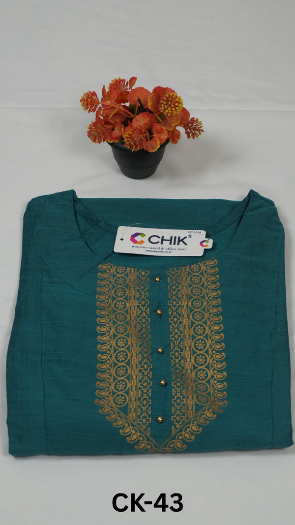 CK-43 Teal Green Colour Raw Silk Fabric Anarkali Fit & Geomtric Gold Print Work With Gold Beads Top Length-46 Inch Sleeve Length-16 Inch
