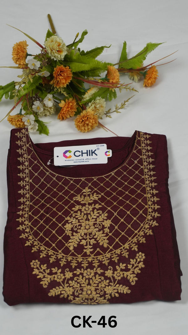 CK-46 Maroon Colour Vichitra Georgette Fabric Anarkali Fit & Classic Embroidery Work With Gold Zari Top Length-46 Inch Sleeve Length-16 Inch With Lining