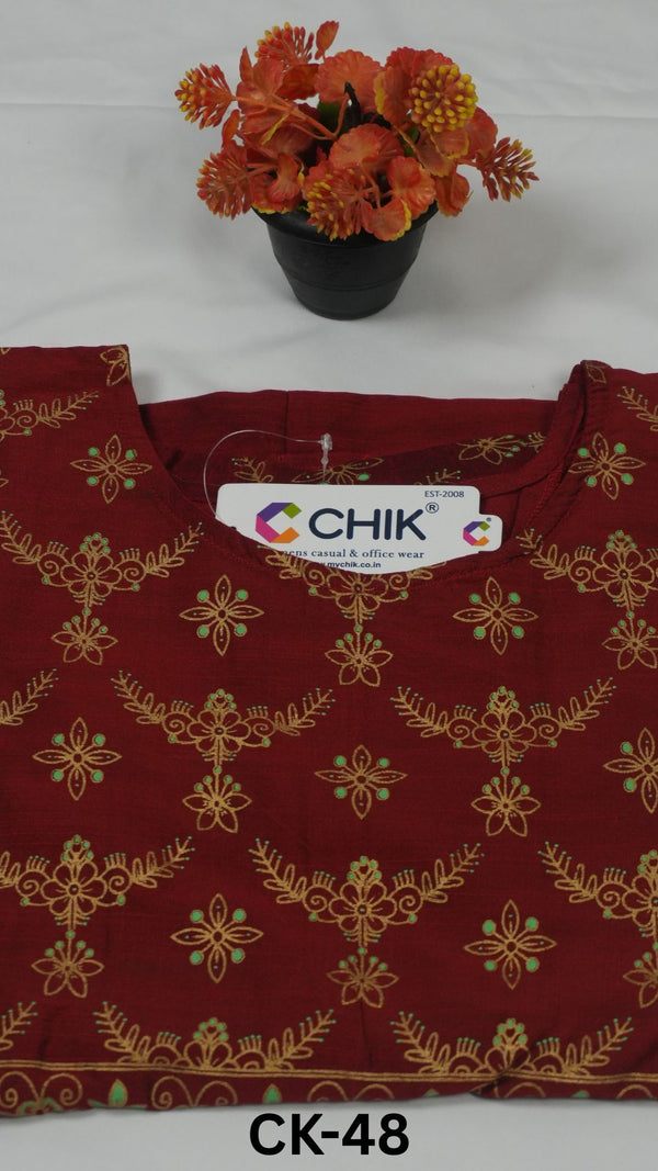 CK-48 Maroon Colour Raw Silk Fabric Anarkali Fit & Floral Gold Print Top Length-46 Inch Sleeve Length-16 Inch