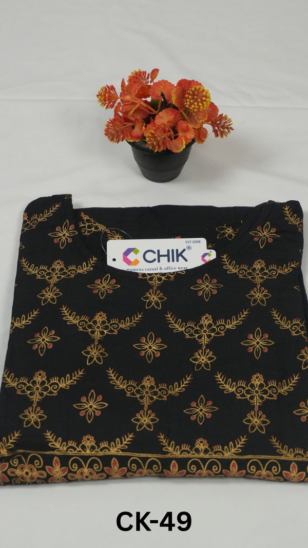 CK-49 Black Colour Raw Silk Fabric Anarkali Fit & Floral Gold Print Top Length-46 Inch Sleeve Length-16 Inch