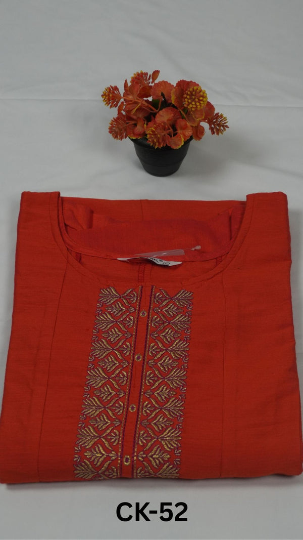 CK-52 Orange Colour Raw Silk Fabric Anarkali Fit & Floral Embroidery Work With Gold Zari & Foil Mirror Top Length-46 Inch Sleeve Length-16 Inch