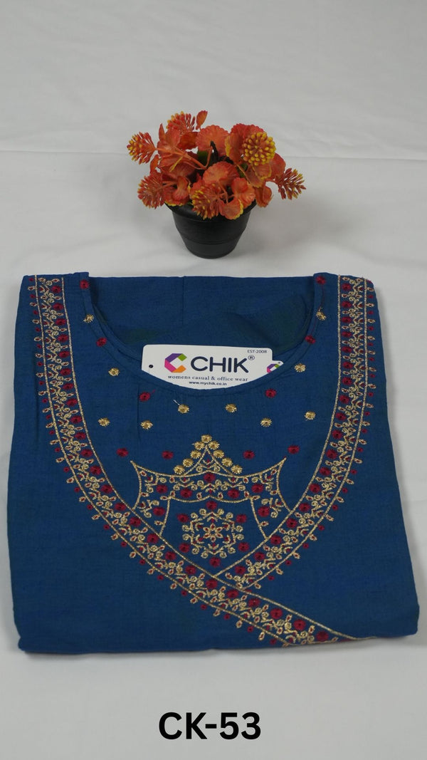 CK-53 Ananda Blue Colour Raw Silk Fabric Anarkali Fit & Traditional Embroidery Work With Gold Zari Top Length-46 Inch Sleeve Length-16 Inch
