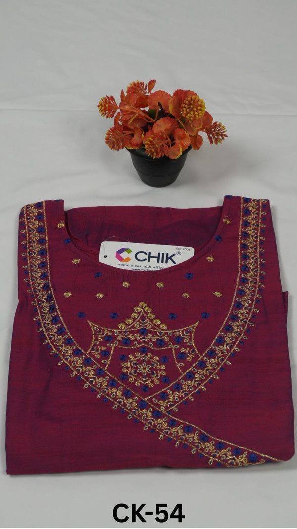CK-54 Mejanta Colour Raw Silk Fabric Anarkali Fit & Traditional Embroidery Work With Gold Zari Top Length-46 Inch Sleeve Length-16 Inch