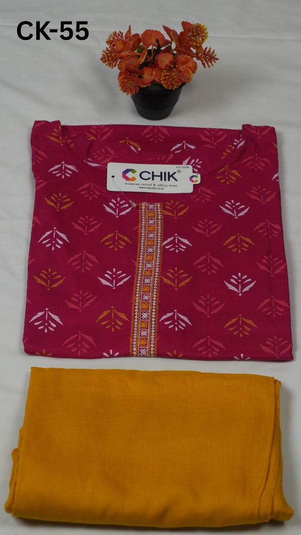 CK-55 Pink Colour Rayon Print Straight Cut Fit With Mango Yellow Colour  Pant & Goemetric Embroidery Work Top Length-44 Inch Sleeve-16 Inch.