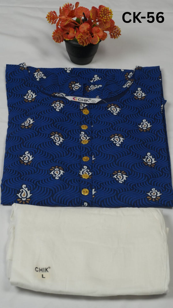 CK-56 Royal Blue Colour Rayon Straight Cut Fit With White Colour Pant & Gold Buttons Top Length-44 Inch Sleeve Length- 16