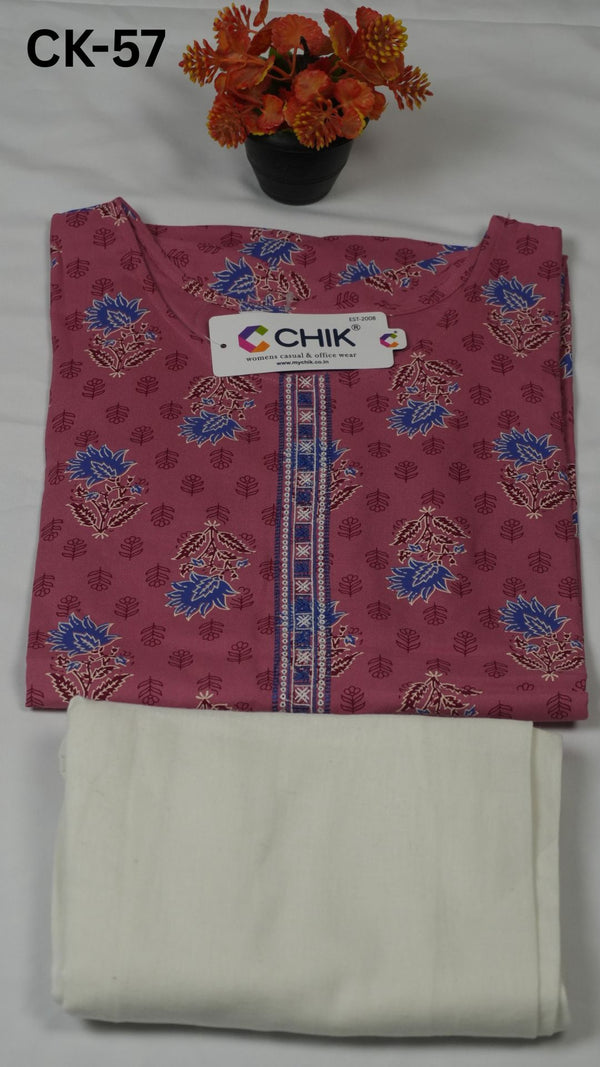 CK-57 Peach Colour Rayon Straight Cut Kurta Fit With White Colour Cigar Pant & Geometric Embroidery Work Top Length-44 Inch Sleeve Length-16 Inch
