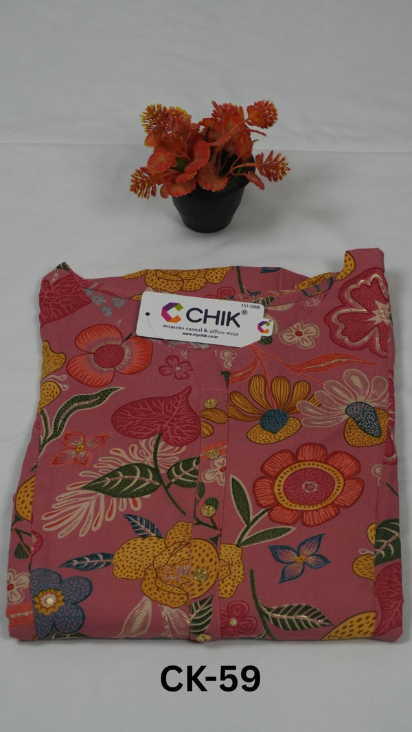 CK-59 Peach Colour Rayon All Over Printed Fabric Anarkali Fit & Gold Buttons Work Top Length-45 Inch Sleeve Length-16 Inch.