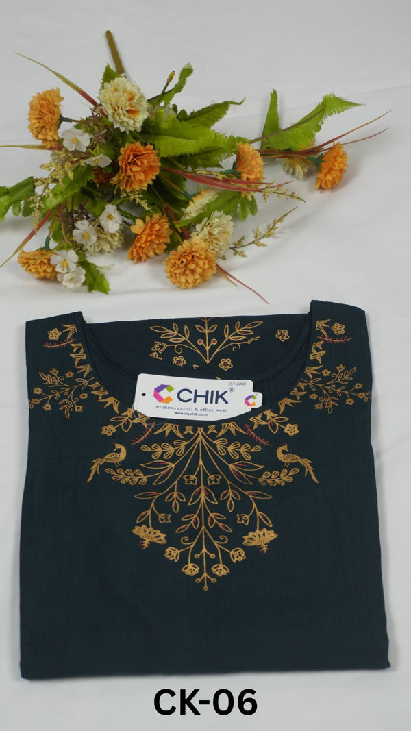CK-06 Bottle Green Colour & Roman Silk  Fabric Straight Cut Fit With Peacock Gold Print  Top Length-44 Inch,Sleeve Length-16 Inch.