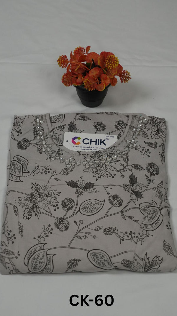 CK-60 Light Gray Colour Rayon All Over Printed Fabric Anarkali Fit & Mirror Work Top Length-46 Inch Sleeve Length-16Inch