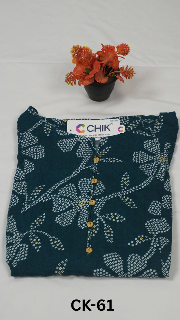 CK-61 Dark Teal Green  Colour Rayon All Over Printed Fabric Anarkali Fit & Gold Buttons Work Top Length-46 Inch Sleeve Length-16 Inch.