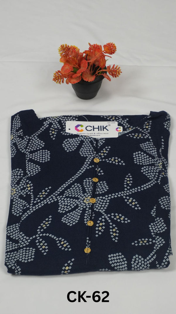 CK-62 Navy Blue Colour Rayon All Over Printed Fabric Anarkali Fit & Gold Buttons Work Top Length-46 Inch Sleeve Length-16 Inch