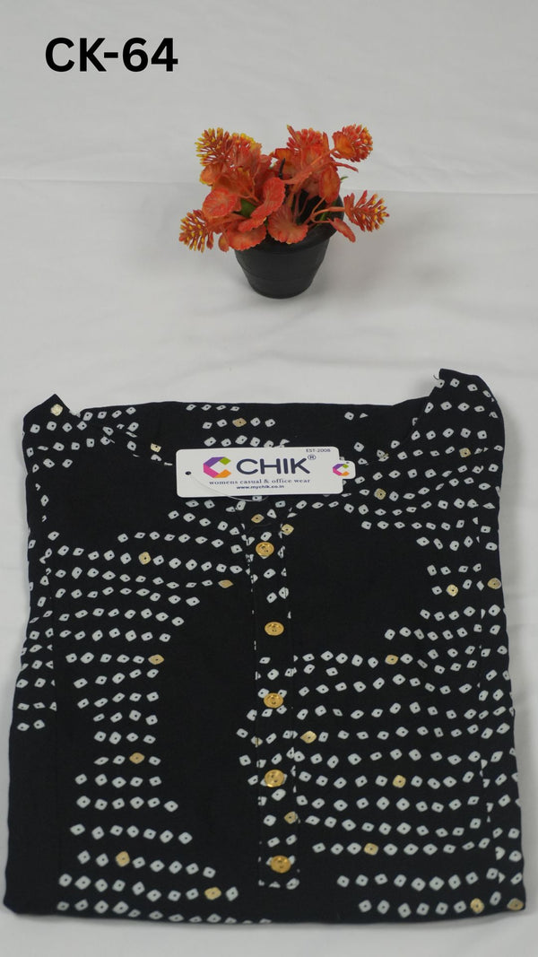 CK-64 Black  Colour Rayon All Over  Printed Fabric Anarkali Fit & Gold Buttons Work Top Length-46 Inch Sleeve Length-16 Inch