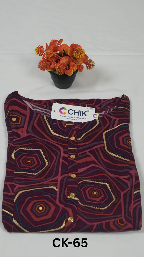 CK-65 Purple  Colour Rayon All Over Printed Fabric Anarkali Fit & Gold Buttons Work Top Length-46 Inch Sleeve Length-16 Inch