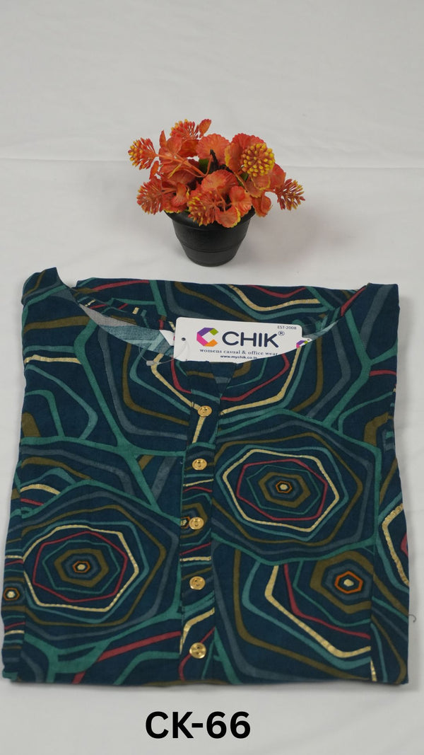 CK-66 Dark Teal Green Colour Rayon All Over Printed Fabric Anarkali Fit & Gold Buttons Work Top Length-46 Inch Sleeve Length-16 Inch