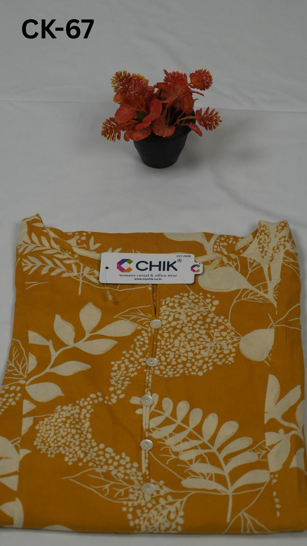 CK-67 Mango Yellow  Colour Rayon All Over Printed Fabric Anarkali Fit & Gold Buttons Work Top Length-46 Inch Sleeve Length-16 Inch