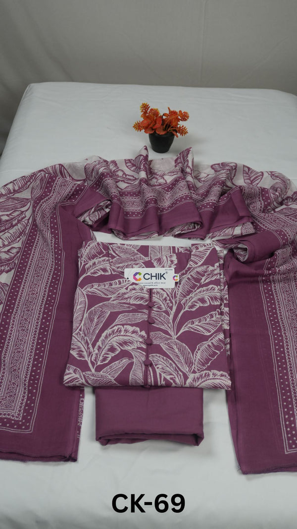 CK-69 Light Purple Colour Cotton Fabric Straight Cut Kurta Set With Dupatta & Neck Piping Work With Fabric Buttons Top Length-44 Inch Sleeve Length-16 Inch.