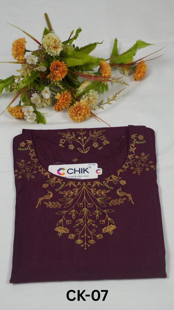 CK-07 Dark Purple Colour & Roman Silk Fabric Straight Cut Kurta Fit  With Peacock Gold Print  Top Length-44 Inch,Sleeve Length-16 Inch.