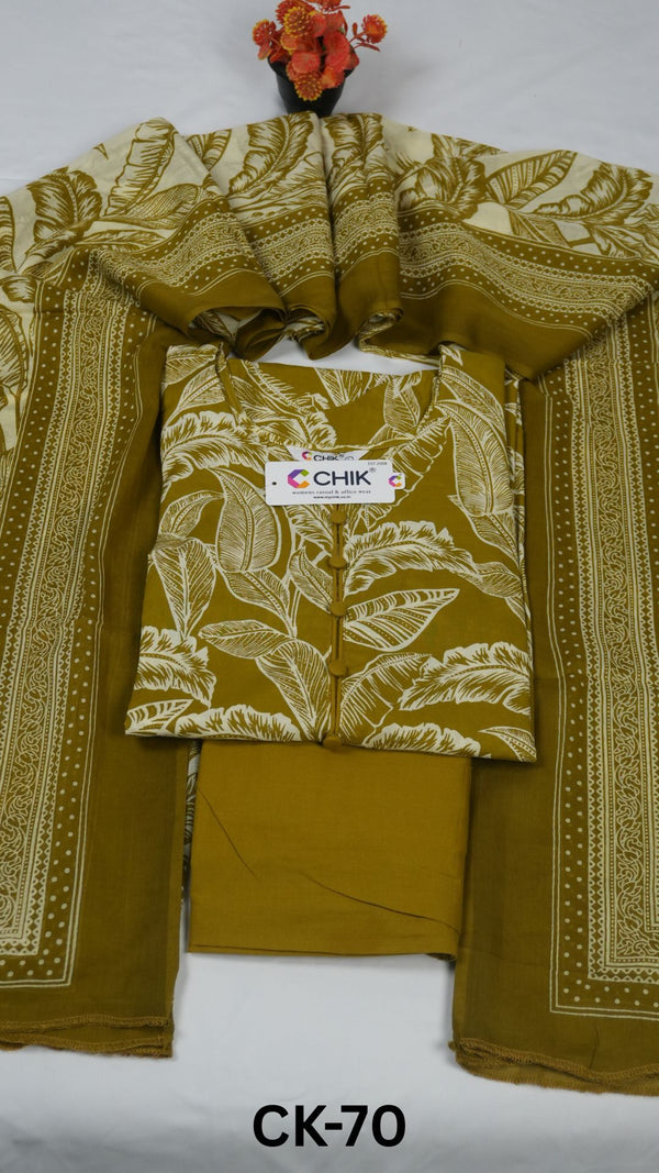 CK-70 Mehandi Green Colour Cotton Fabric Straight Cut Kurta Set With Dupatta & Neck Piping Work With Fabric Buttons Top Length-44 Inch Sleeve Length-16 Inch.