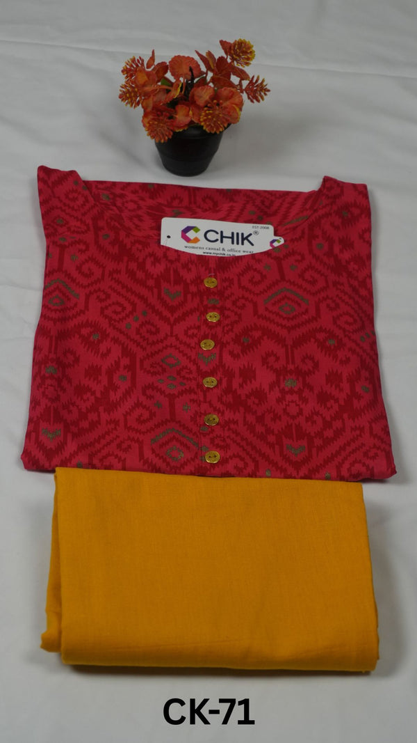 CK-71 Tomato Red Colour Rayon Fabric Straight Cut Kurta With Muatard Yellow Colour Cigar Pant & Gold Buttons Work Top Length-44 inch Sleeve Length-16 Inch