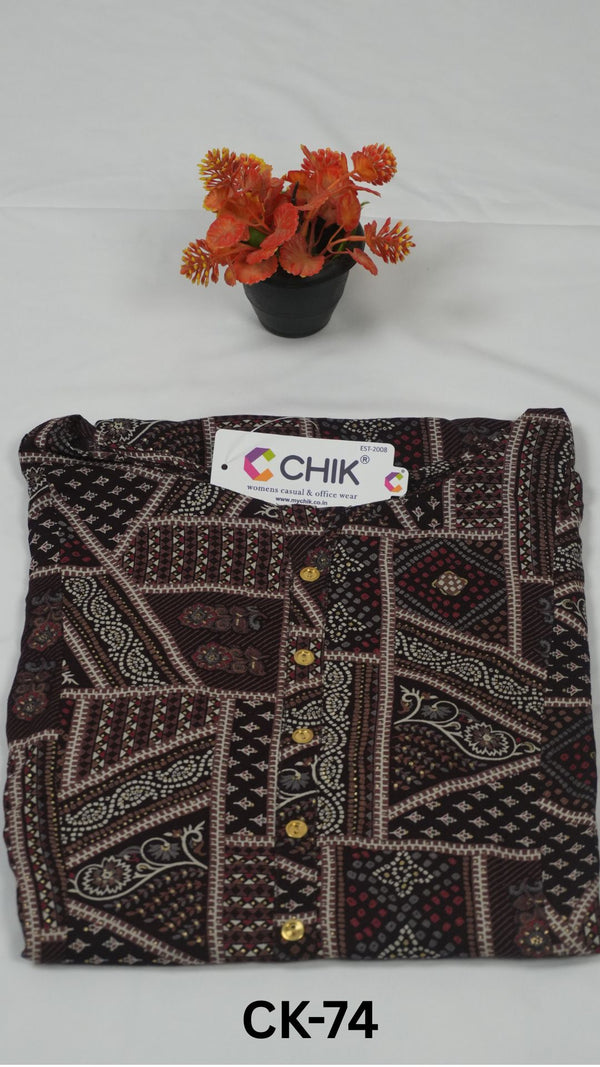 CK-74 Brown  Colour Rayon All Over Printed Fabric Anarkali Fit & Gold Buttons Work Top Length-46 Inch Sleeve Length-16 Inch
