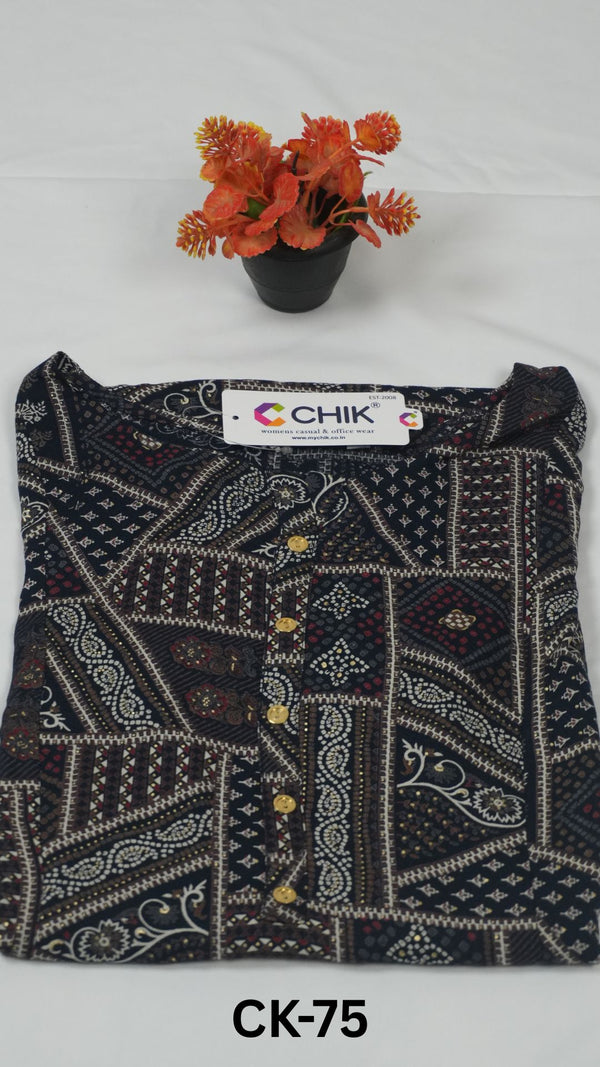 CK-75 Navy Blue Colour Rayon All Over Printed Fabric Anarkali Fit & Gold Buttons Work Top Length-46 Inch Sleeve Length-16 Inch