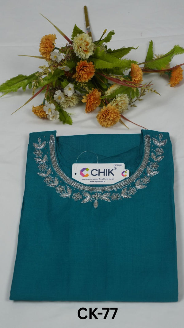CK-77 Rama Blue Colour Roman Silk Fabric Straight Cut Kurta Fit & Hand Embroidery Work With Silver Beads Top Length-44 Inch Sleeve Length-16 Inch