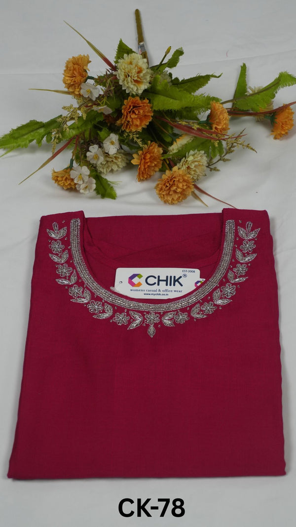 CK-78 Pink Colour Roman Silk Fabric Straight Cut Kurta Fit & Hand Embroidery Work With Silver Beads Top Length-44 Inch Sleeve Length-16 Inch
