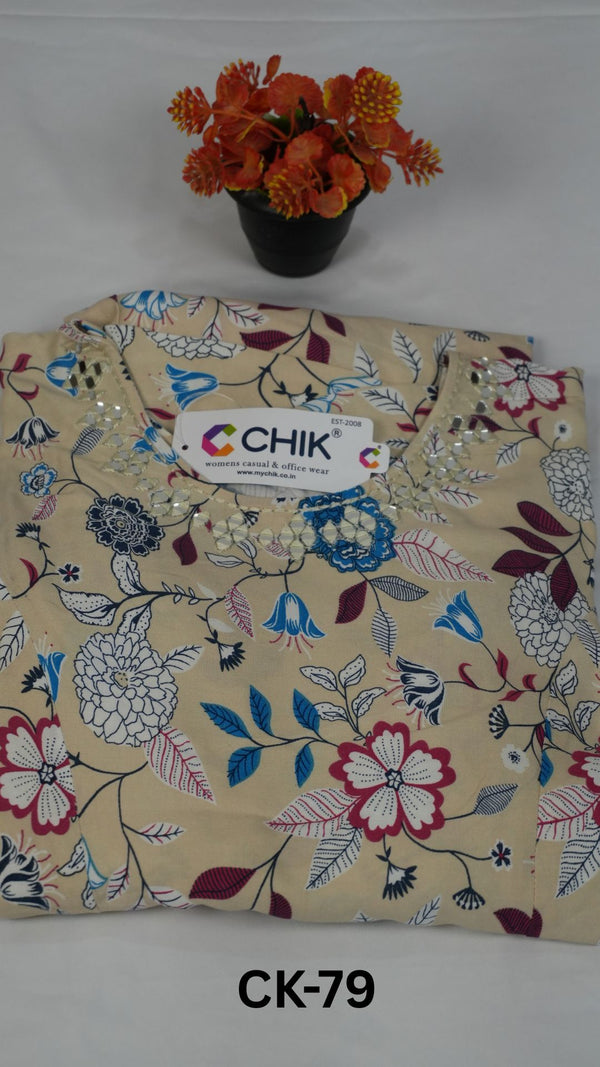 CK-79 Cream Colour Rayon All Over Printed Fabric Anarkali Fit & Mirror Work Top Length-46 Inch Sleeve Length-16 Inch