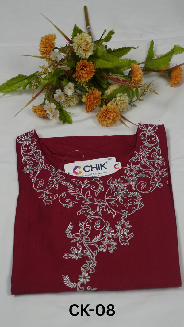 CK-08 Maroon Colour & Roman Silk Fabric Straight Cut Kurta Fit With Floral Silver Embroidery Work.Top Length-44 Inch,Sleeve Length-16 Inch.